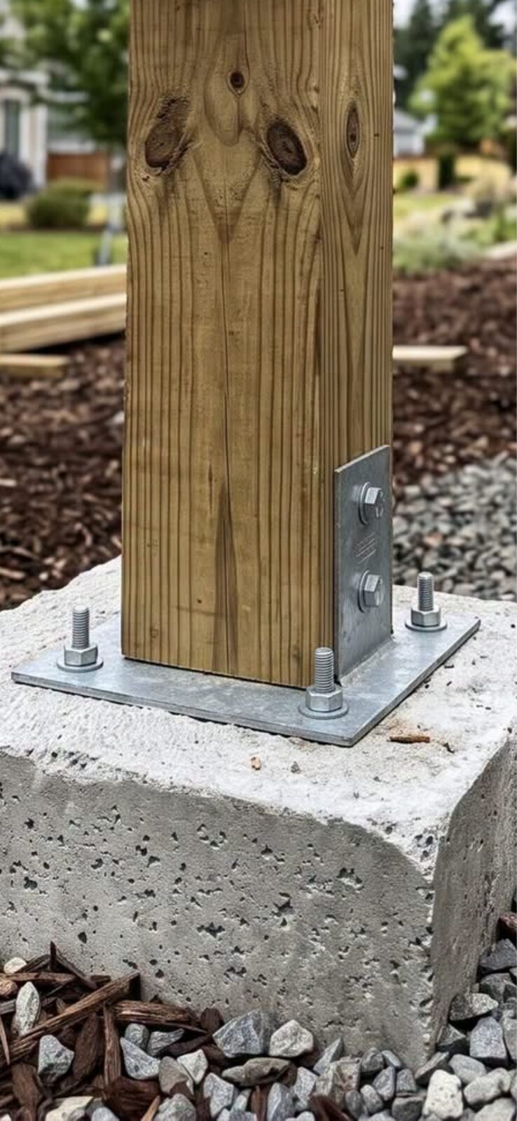 Close-up of a pressure-treated deck post set on a concrete footing with a galvanized base bracket